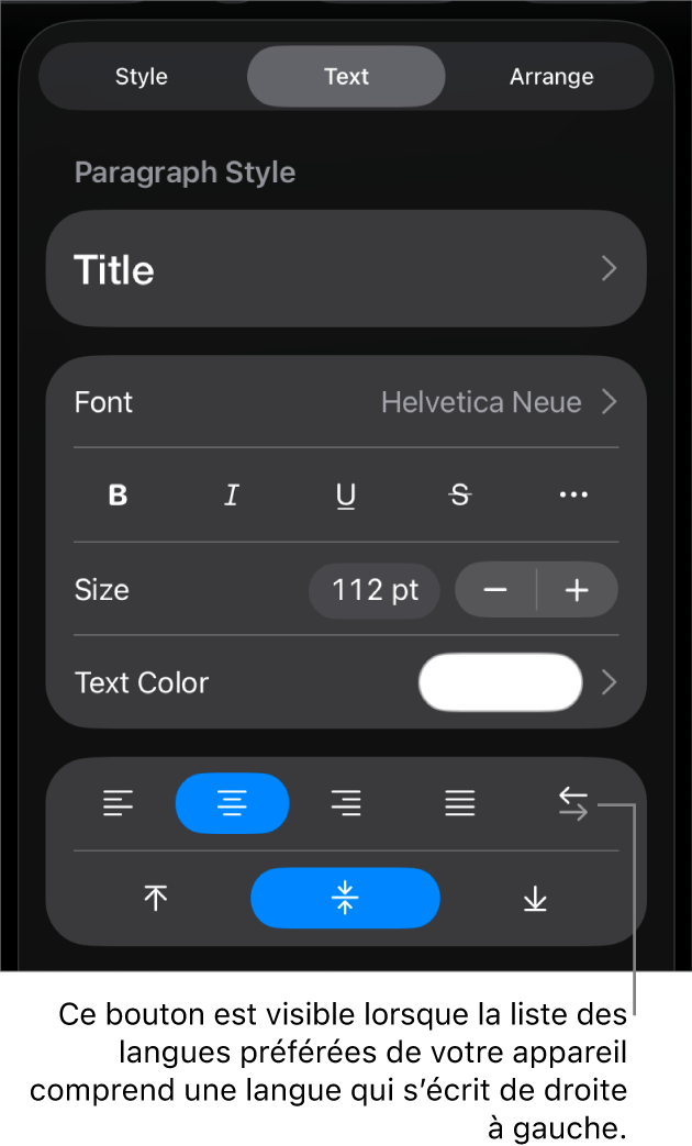 Commandes de texte du menu Format avec le bouton De gauche à droite accompagné d’une légende.