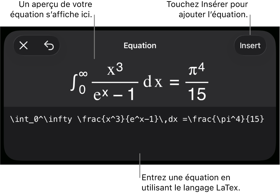 Zone de dialogue Équation, affichant une équation composée à l’aide des commandes LaTex et aperçu de la formule au-dessus.
