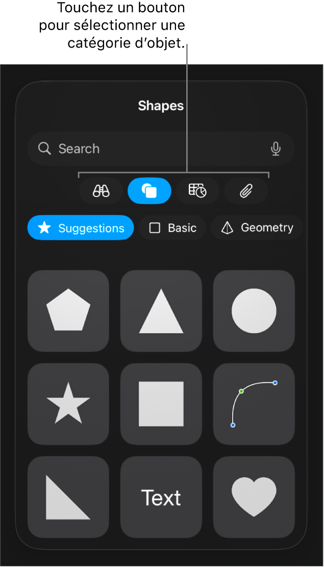 Commandes pour l’ajout d’un objet, avec des boutons en haut permettant de sélectionner des tableaux, des graphiques, des formes (notamment des lignes et zones de texte) et du contenu multimédia.