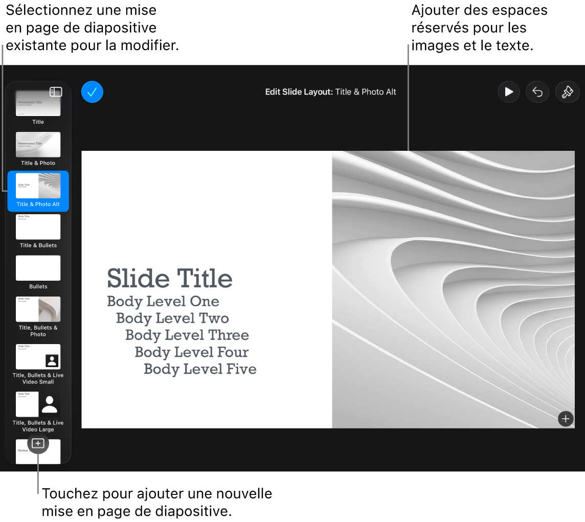 Une disposition de diapositive sur le canevas de diapositive, avec le bouton Ajouter une disposition de diapositive en bas du navigateur de diapositives.