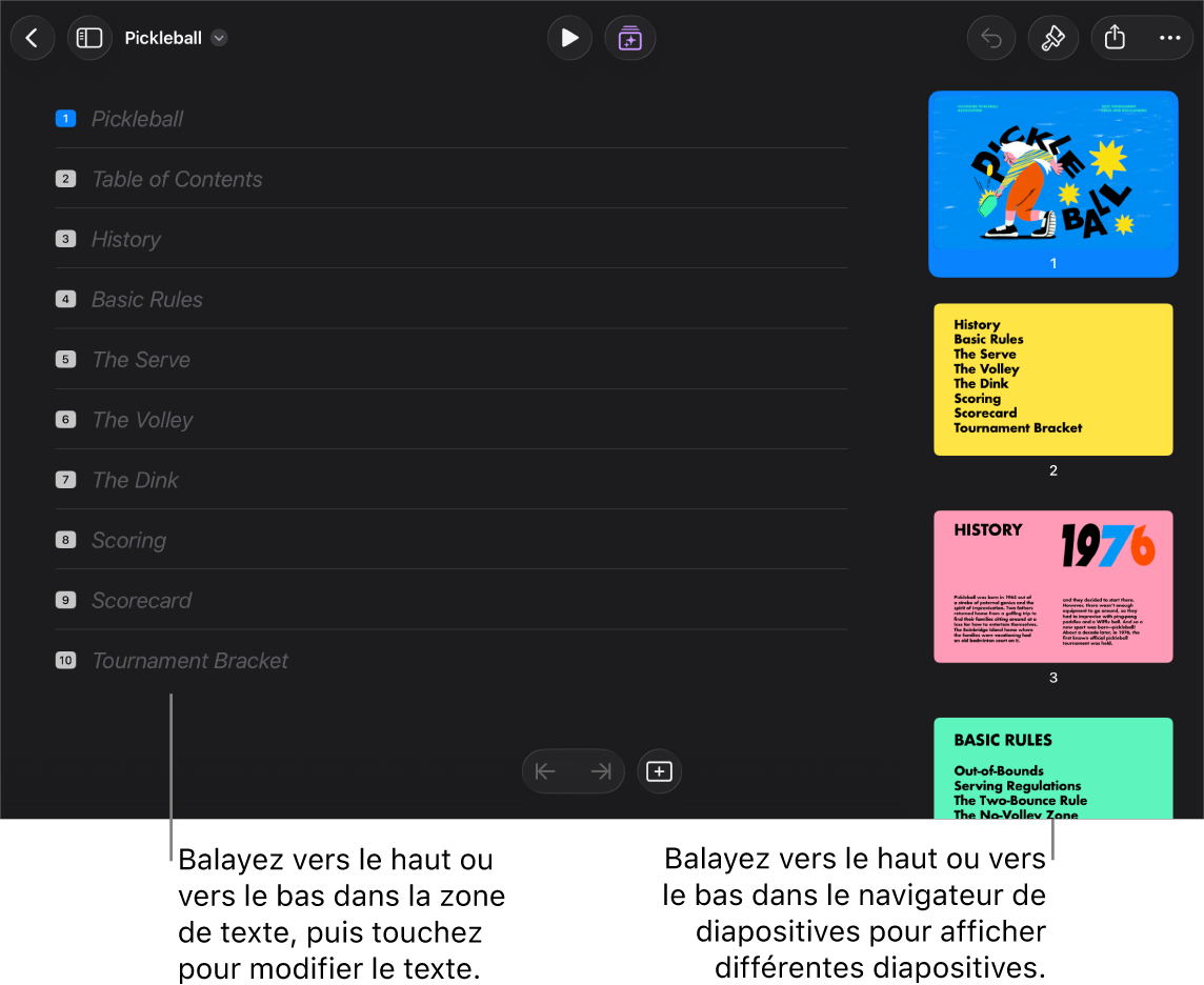 Mode Structure avec la structure en texte sur le côté gauche de l’écran et le navigateur de diapositives verticales du côté droit.