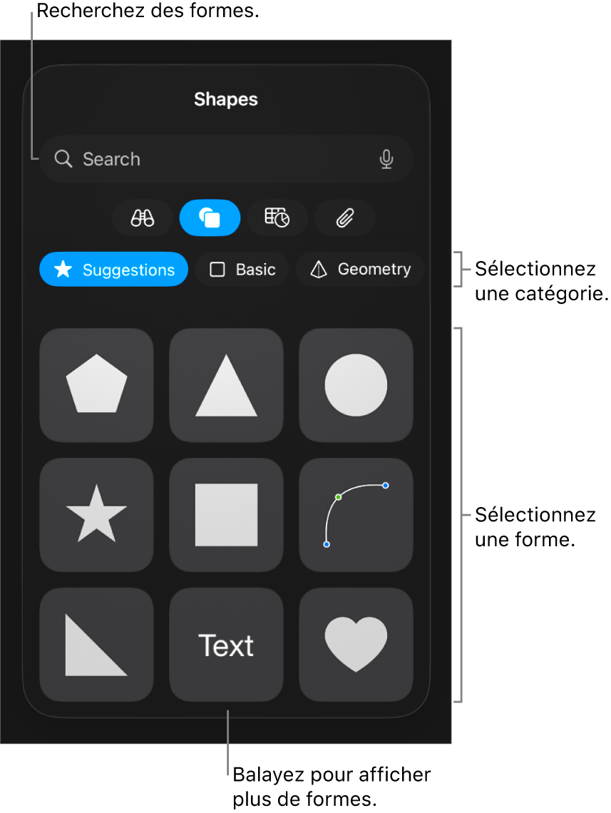 Bibliothèque de formes, les catégories étant affichées en haut et les formes, en bas. Utilisez le champ de recherche situé en haut pour rechercher des formes. Balayez également l’écran pour en trouver d’autres.
