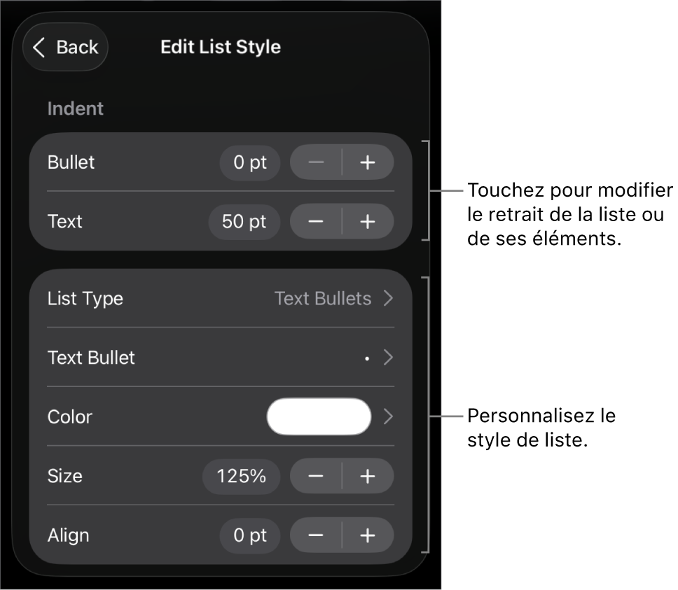Menu Style de liste avec les commandes pour modifier le type et l’apparence de la liste.