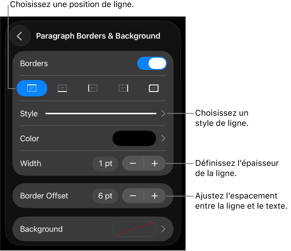 Commandes permettant de modifier le style, l’épaisseur, la position et la couleur de la ligne.