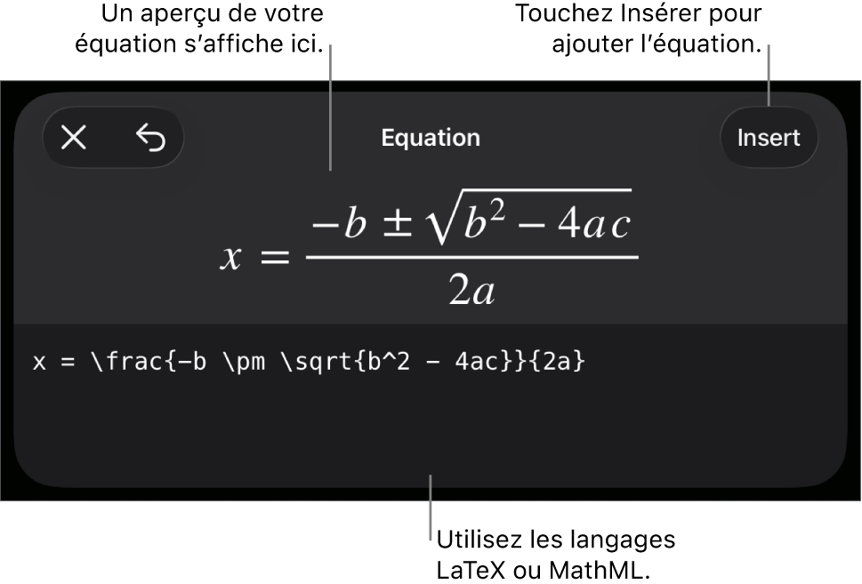 Zone de dialogue Équation, affichant une équation composée à l’aide des commandes MathML et aperçu de la formule au-dessus.