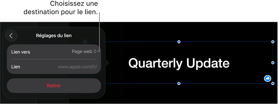 Les commandes « Réglages du lien » avec une page web sélectionnée et le bouton Supprimer en bas.