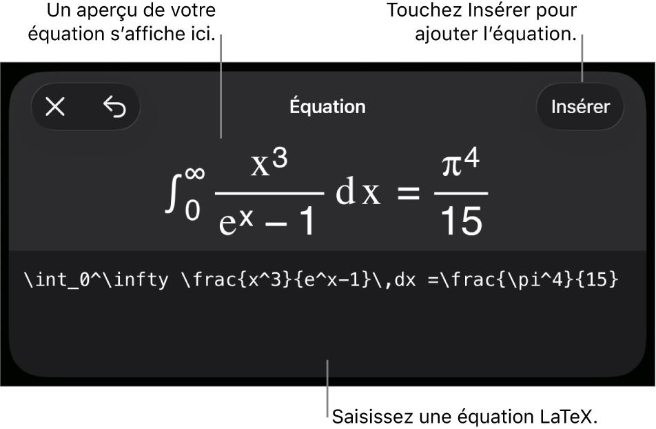 Zone de dialogue Équation, affichant une équation composée à l’aide des commandes LaTeX, et un aperçu de la formule au-dessus.