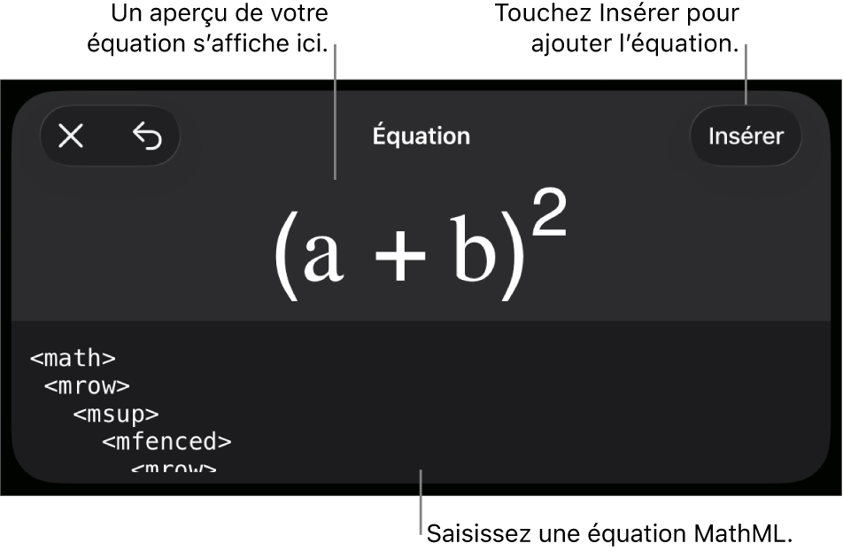 Zone de dialogue Équation, affichant une équation composée à l’aide des commandes MathML, et un aperçu de la formule au-dessus.