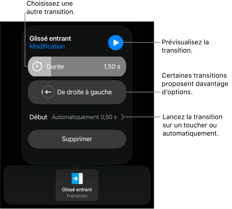 Commandes de la sous-fenêtre Options permettant de modifier une transition.