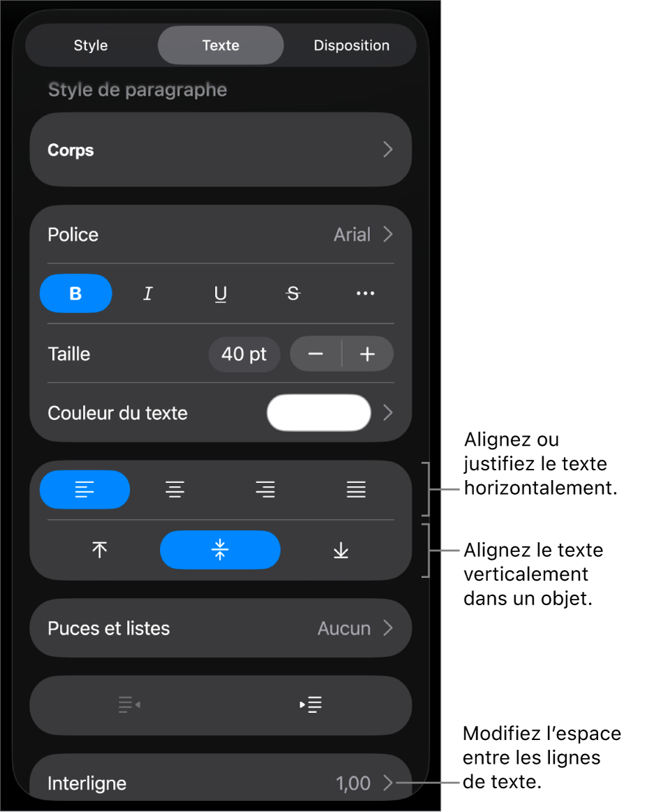 La sous-fenêtre Disposition avec les légendes des boutons d’alignement et d’espacement de texte.