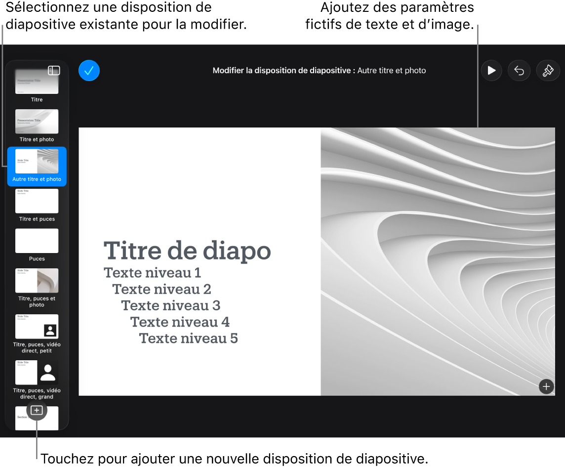 Une disposition de diapositive sur le canevas de diapositive, avec le bouton « Ajouter une disposition de diapositive » en bas du navigateur de diapositives.