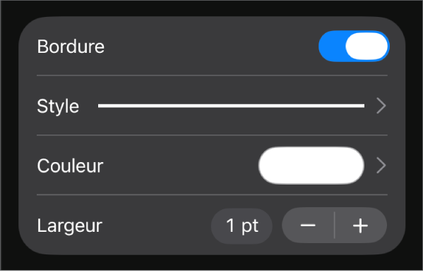 Les commandes de personnalisation du style de bordure.