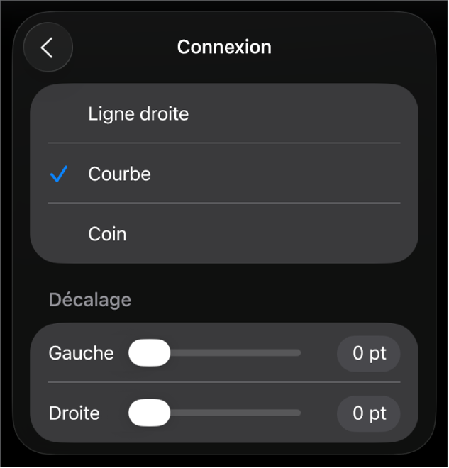 Les commandes Connexion avec l’option Courbe sélectionnée.