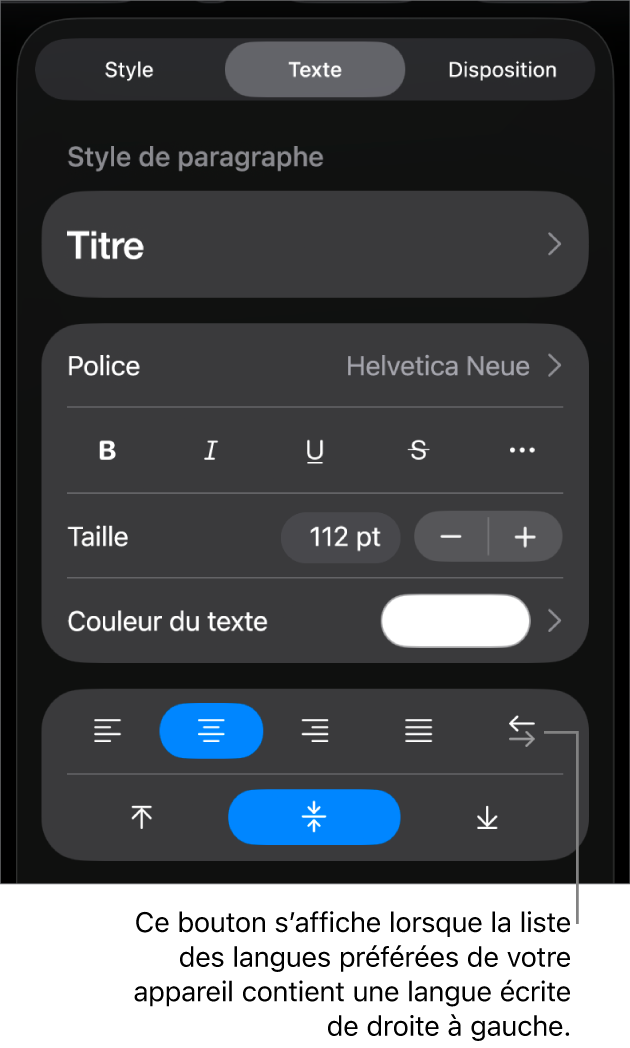 Les commandes de texte dans le menu Format avec une légende vers le bouton « De gauche à droite ».