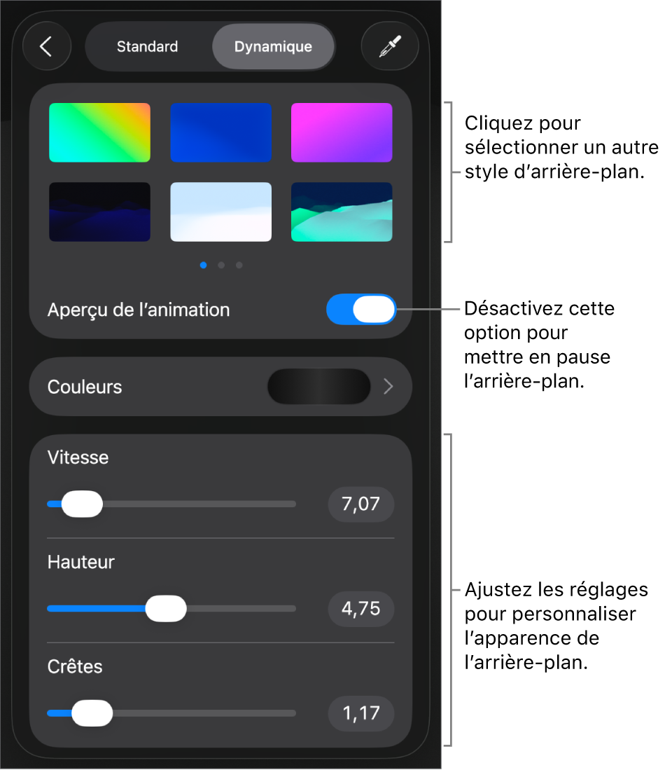 Les commandes liées aux arrière-plans dynamiques avec les vignettes des styles d’arrière-plans, le bouton Prévisualiser le mouvement et les commandes de personnalisation affichés.