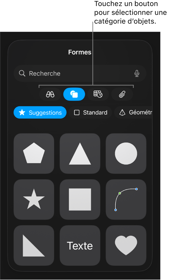 Commandes pour l’ajout d’un objet, avec des boutons en haut permettant de sélectionner des tableaux, des graphiques, des figures (notamment des lignes et zones de texte) et du contenu multimédia.