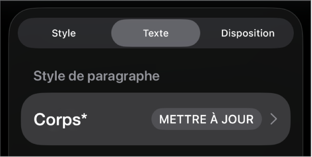 Style de paragraphe avec un astérisque à côté de celui-ci et un bouton Mettre à jour situé à droite.