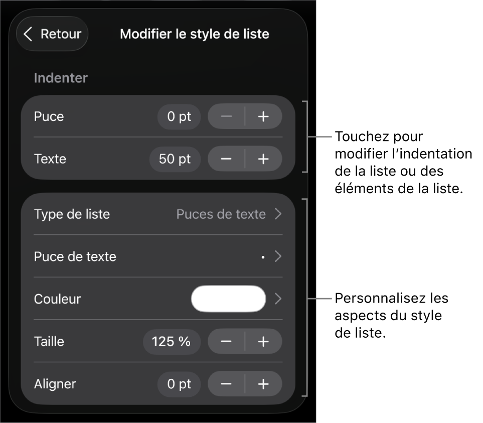 Le menu « Modifier le style de liste » avec des commandes permettant de modifier le type et l’apparence de la liste.