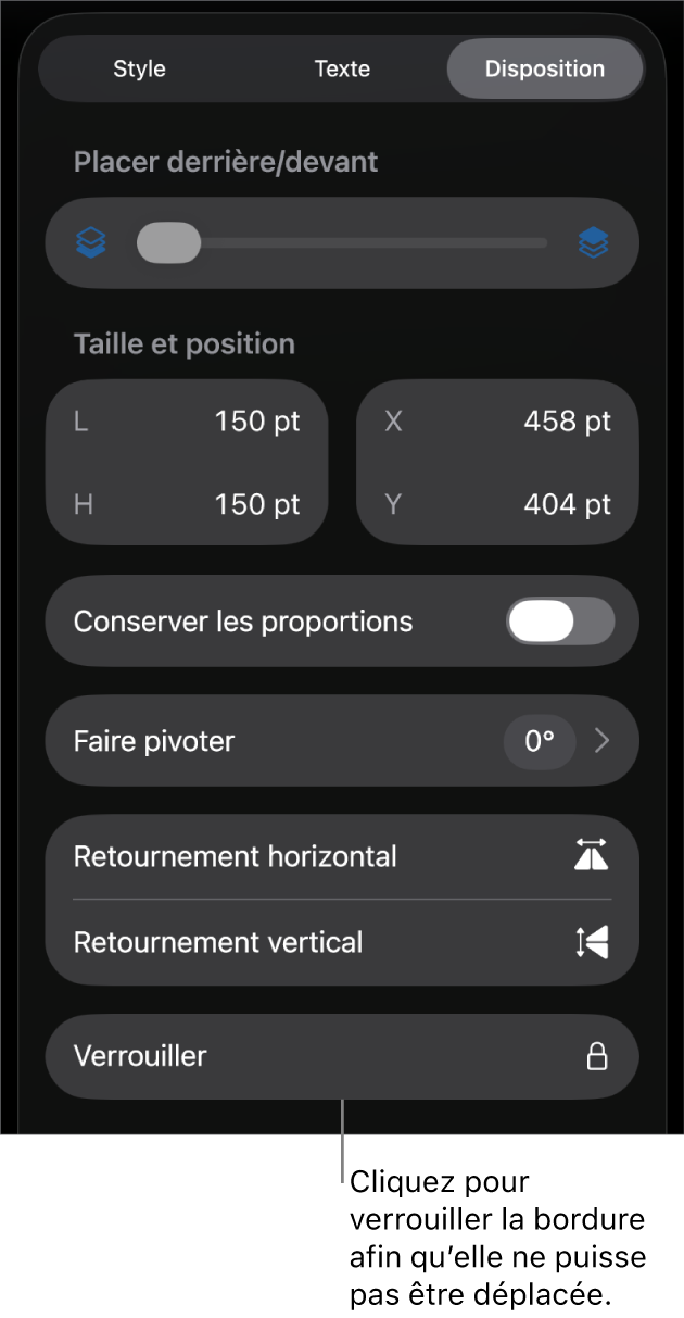 Les commandes Disposition dans le menu Format avec une légende reliée au bouton Verrouiller.