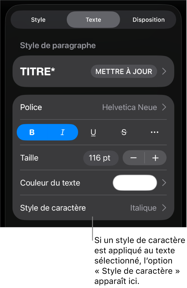 Commandes de mise en forme de texte avec Style de caractère au-dessous des commandes de couleur. Le style de caractère Aucun s’affiche avec un astérisque.