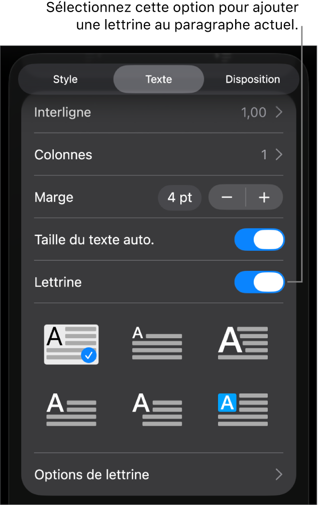Les commandes Lettrine situées dans le menu Texte.