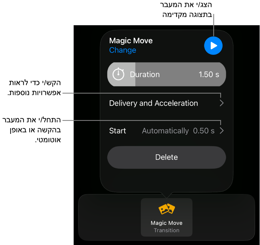 כלי הבקרה של ״העברה חכמה״ בחלונית ״מעברים״.