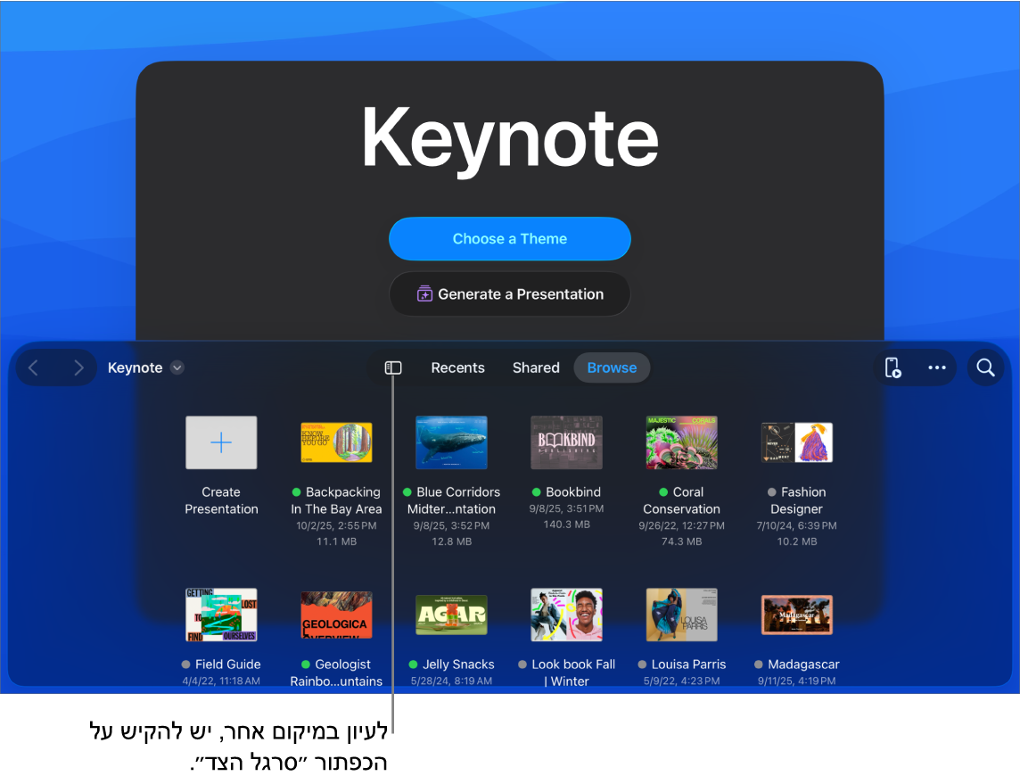 במחצית העליונה של מנהל המסמכים מופיעים כפתורים לבחירת ערכת נושא ולהתחלת מצגת מקו מתאר ובמחציתו התחתונה דפדפן המסמכים עם מצגות ששותפו.