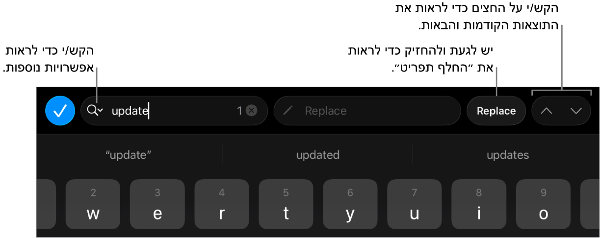 פקדי ״חפש והחלף״ מעל למקלדת עם הסברים לכפתורים ״אפשרויות חיפוש״, ״החלף״ ומעבר למעלה/מעבר למטה.