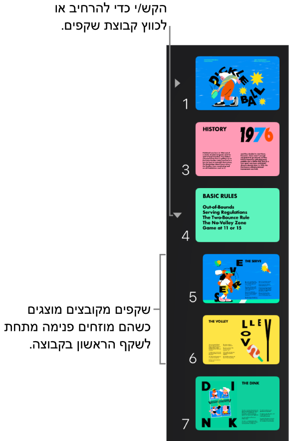 נווט השקפים מציג שקפים מוזחים.