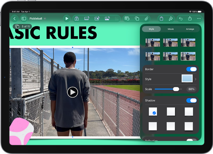 כלי הבקרה של ״עיצוב״ לשינוי הגודל והמראה של הסרט שנבחר הכפתורים ״סגנון״, ״סרט״ ו״ארגן״ ממוקמים מעל כלי הבקרה.
