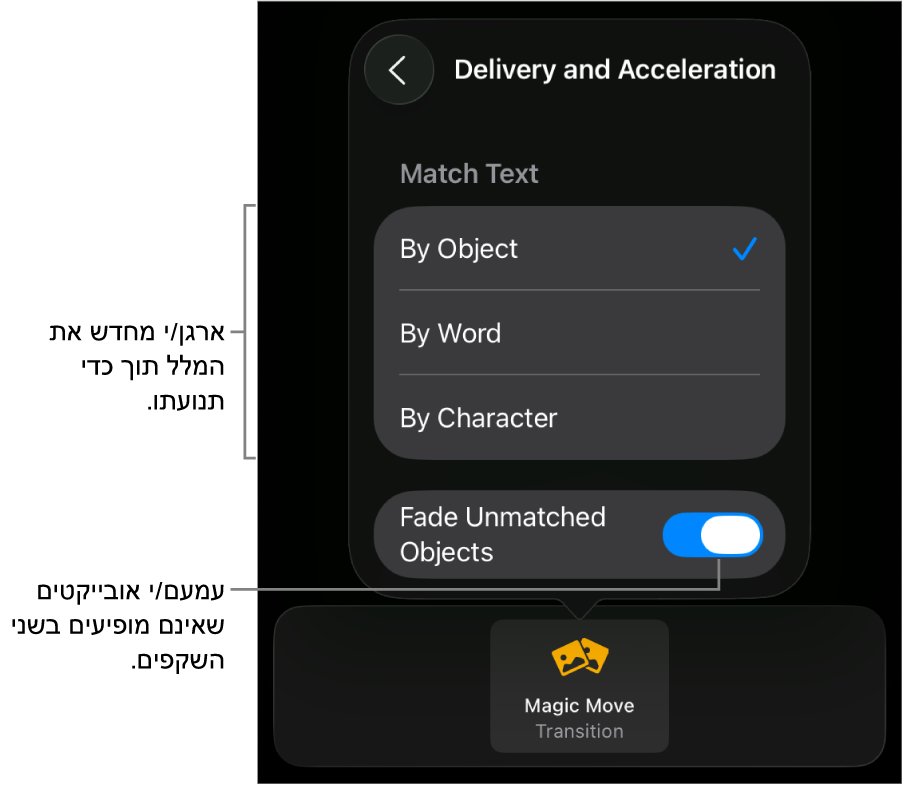 אפשרויות העברה והאצה של ״העברה חכמה״ בחלונית ״האצה״.
