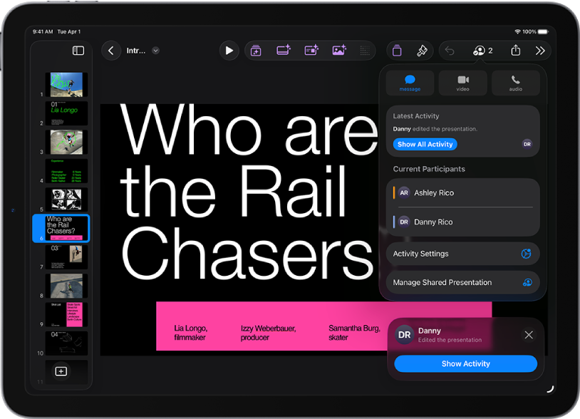 תפריט ״שיתוף פעולה״ מראה את שמות האנשים המשתפים פעולה בעבודה על המצגת.