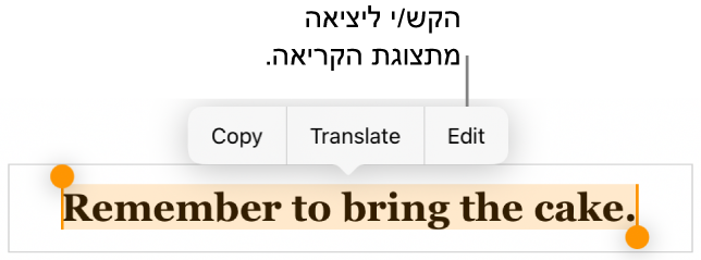 נבחר משפט, ומעליו מופיע תפריט הקשר עם הכפתורים ״העתק״ ו״עריכה״.