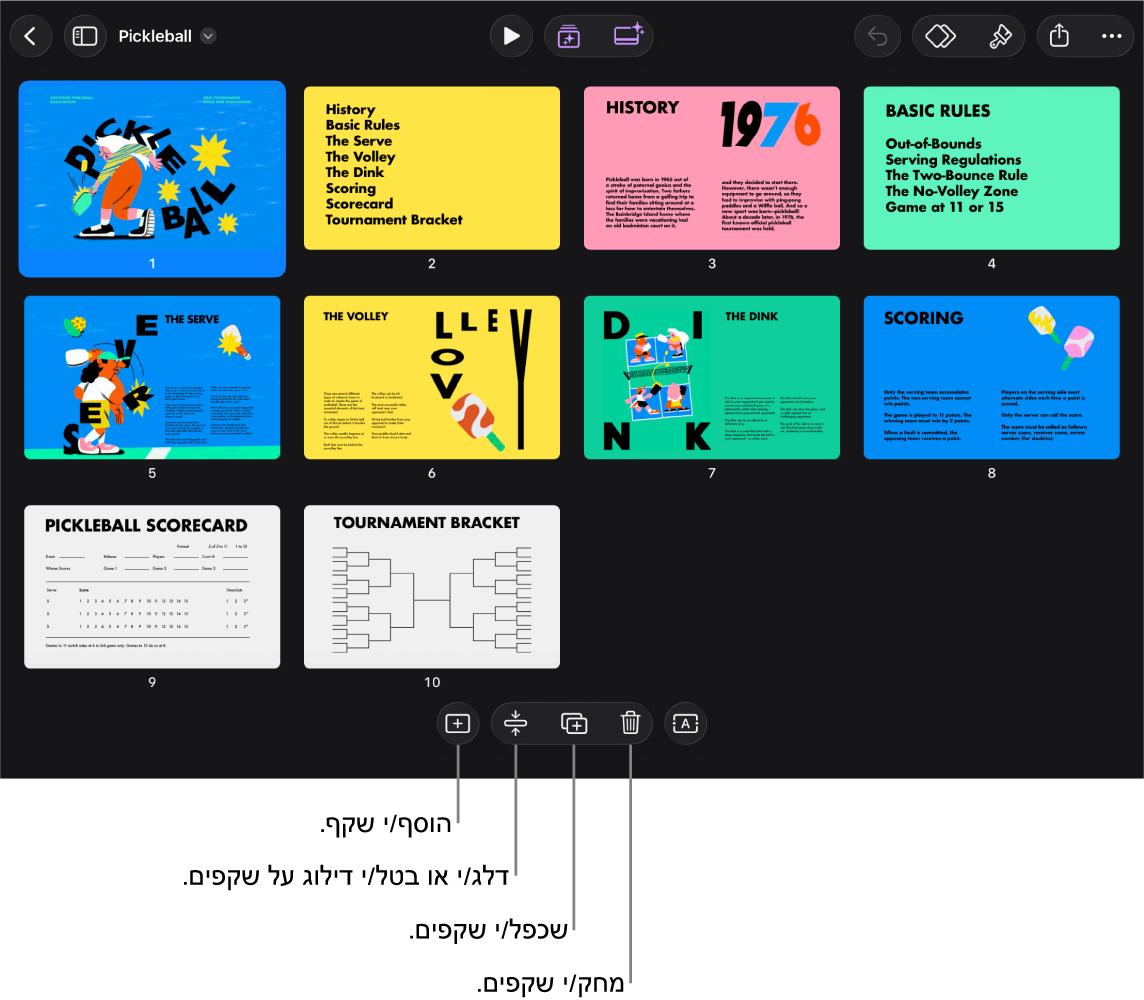 התצוגה ״שולחן אור״ עם כפתורים בתחתית המסך להוספה, דילוג, שכפול ומחיקה של שקפים ולבחירת מספר שקפים ביחד.