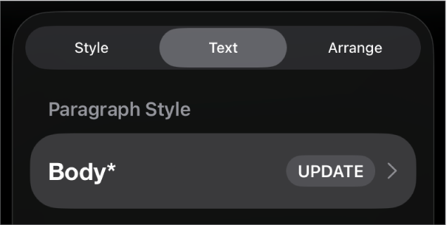 סגנון פיסקה עם כוכבית לצידו וכפתור ״עדכן״ מימין.