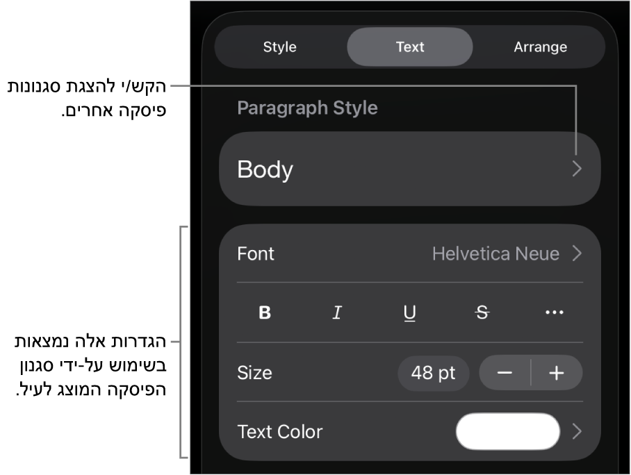 תפריט ״עיצוב״ עם כלי בקרה של מלל להגדרת סגנונות, גופן, גודל וצבע עבור פיסקאות ותווים.