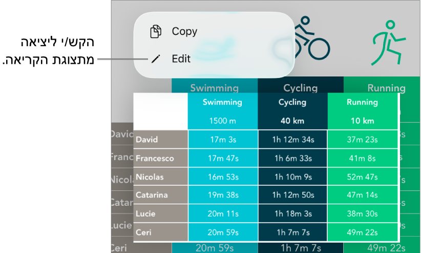 נבחר תא בטבלה, ומעליו מופיע תפריט עם הכפתורים ״העתק״ ו״עריכה״.