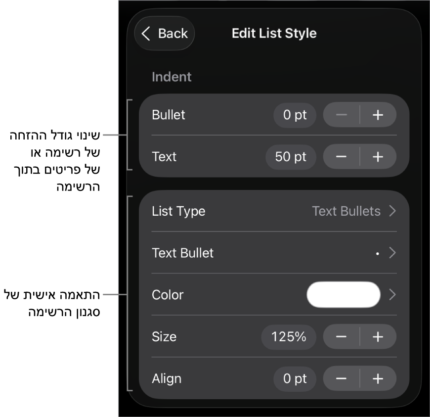 התפריט ״ערוך סגנון רשימה״ עם כלי בקרה לעריכת סוג הרשימה והמראה שלה.