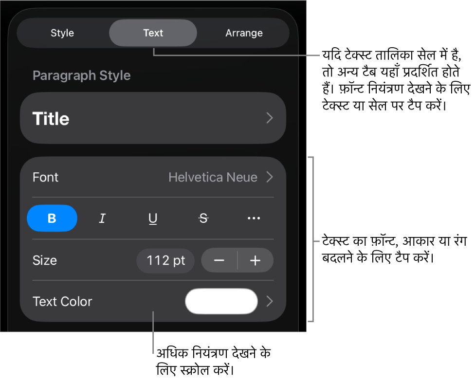 “फ़ॉर्मैट” मेनू में अनुच्छेद सेटिंग और वर्ण शैली, फ़ॉन्ट, आकार और रंग के लिए टेक्स्ट नियंत्रण।