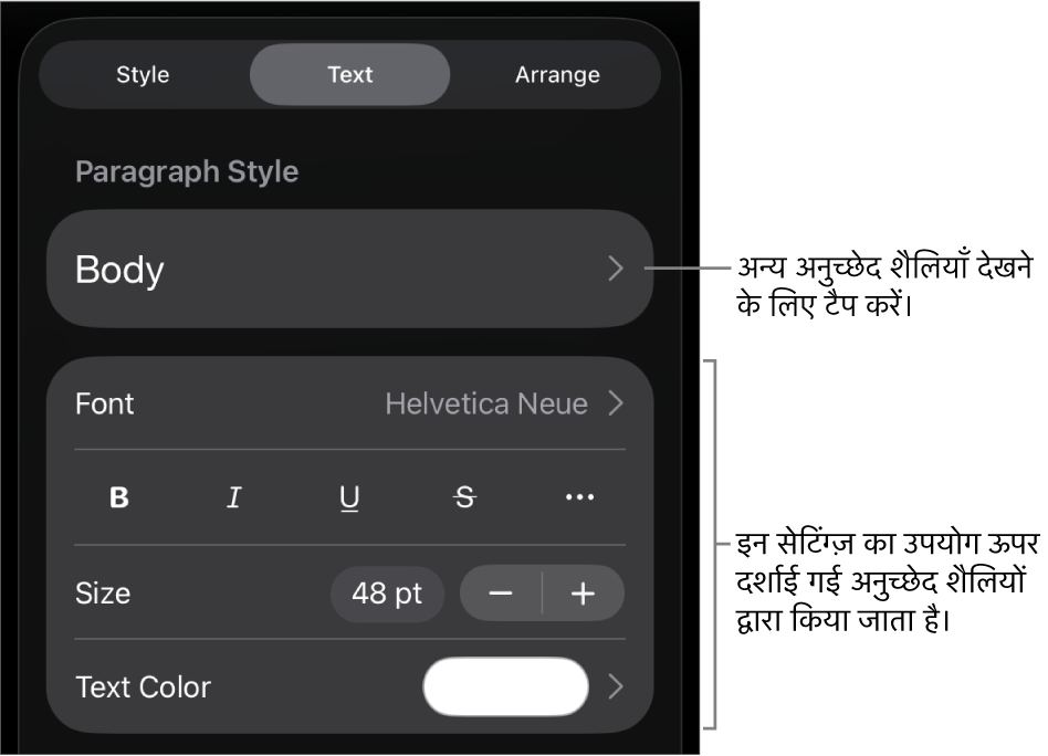 “फ़ॉर्मैट” मेनू में अनुच्छेद सेटिंग और वर्ण शैलियाँ, फ़ॉन्ट, आकार और रंग के लिए टेक्स्ट नियंत्रण दिखाए जा रहे हैं।