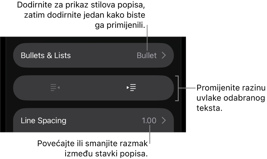 Odjeljak Predznaci i popisi kontrola formatiranja s oblačićima na Predznake i popise, tipke za izvlake i uvlake i kontrole razmaka između redaka.