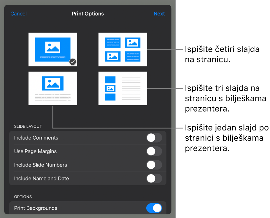 Opcije rasporeda ispisa.