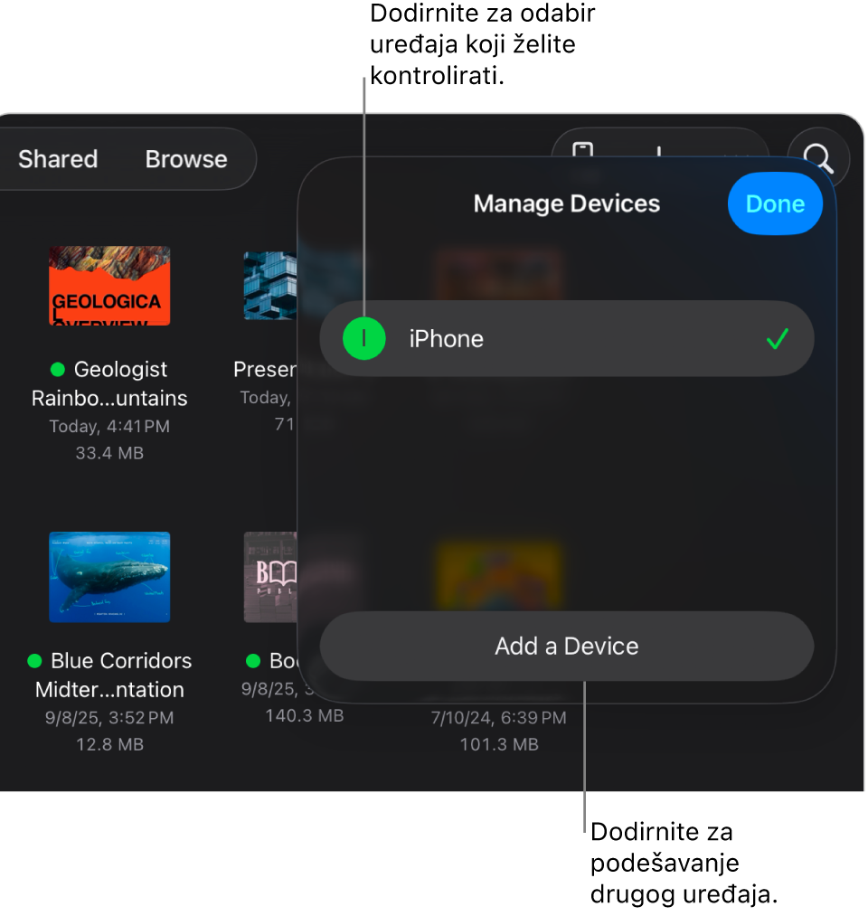 Skočni izbornik Upravljanje uređajima, s prikazom linka Dodaj uređaj.