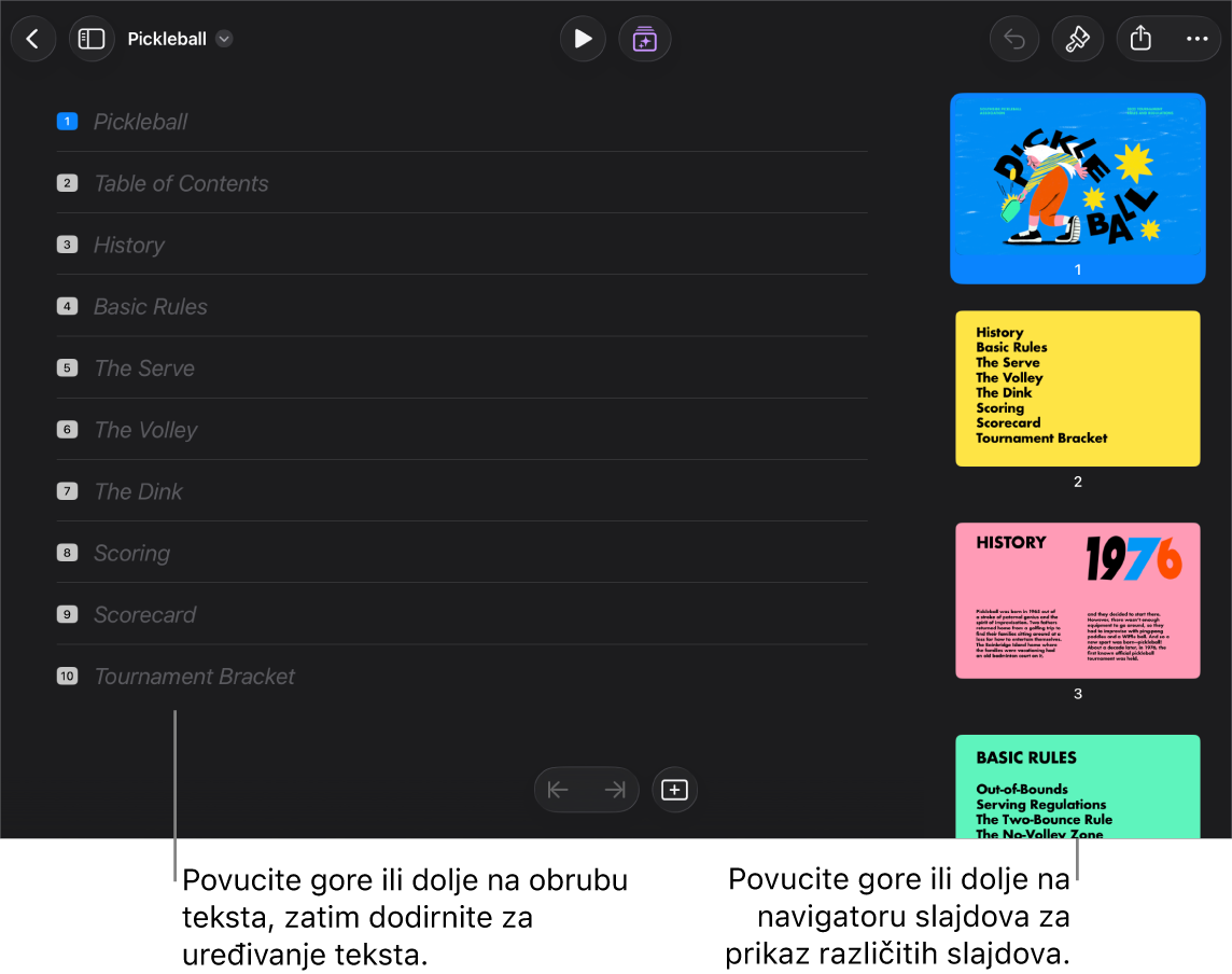 Prikaz strukture s tekstualnom strukturom prezentacije s lijeve strane zaslona i okomitim navigatorom slajdova s desne strane.