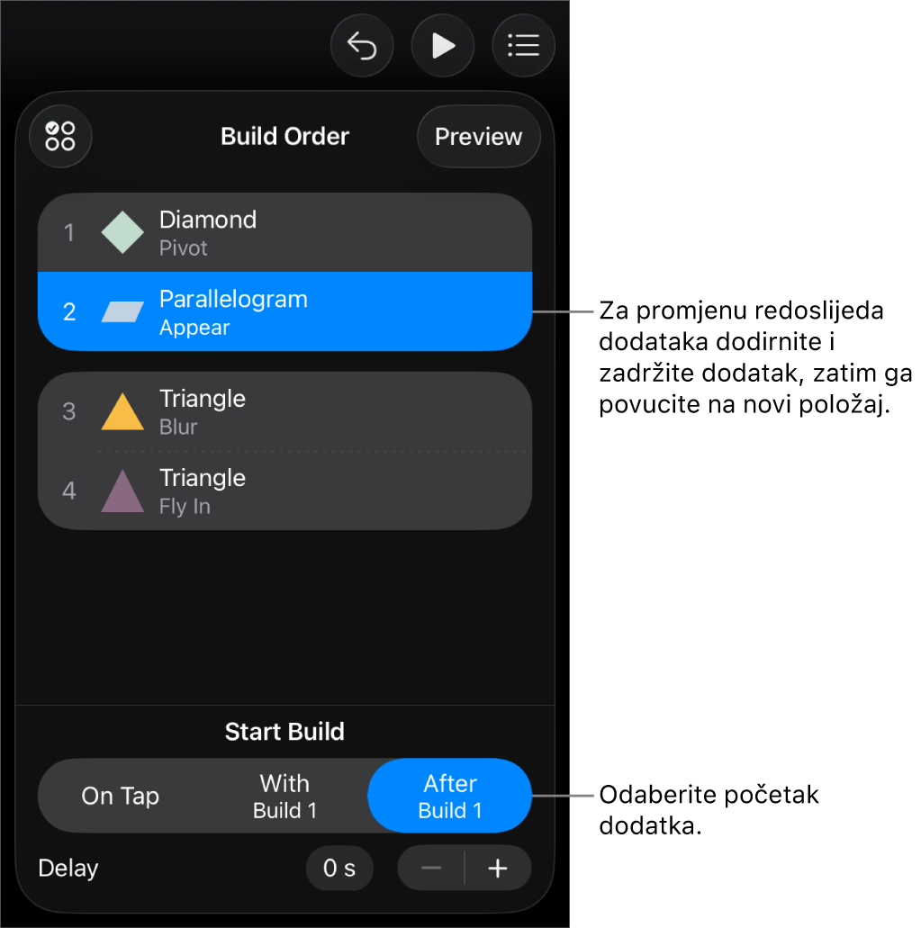 U popisu Redoslijeda dodataka dodani efekti prikazuju se sa žutim bedževima, a izuzeti efekti prikazuju se sa sivim bedževima.