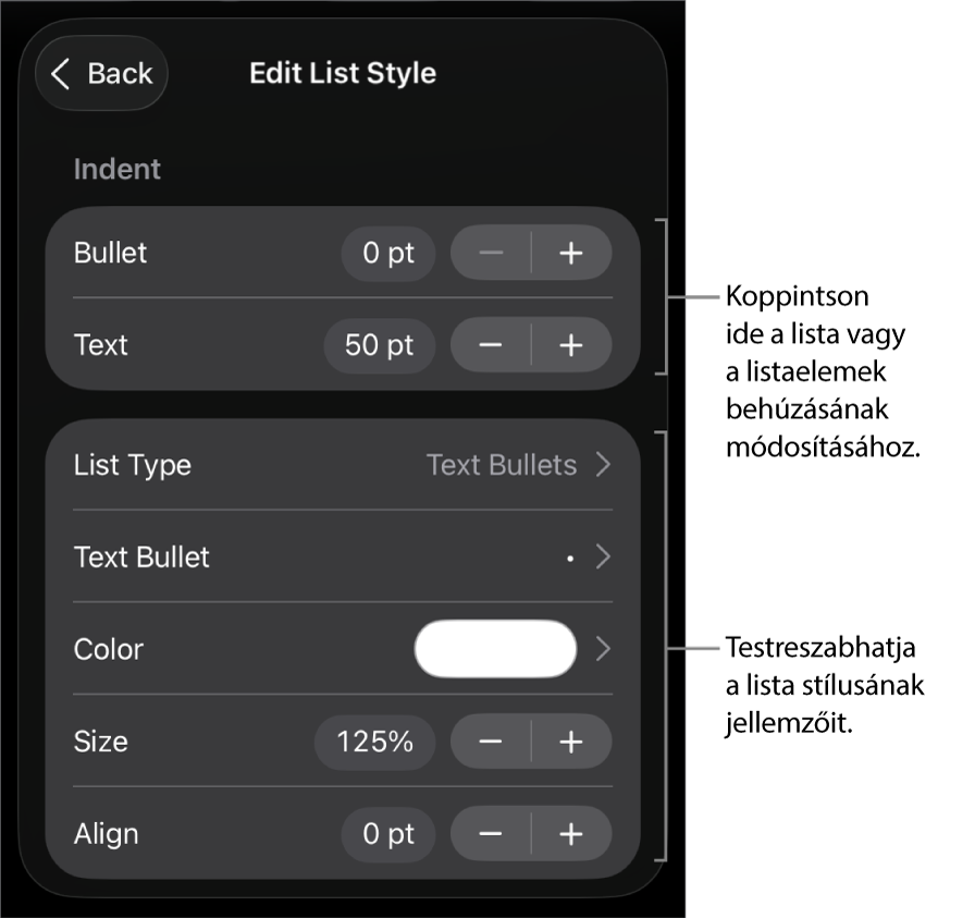 A Listastílus szerkesztése menü a lista típusának és a megjelenésének szerkesztésére szolgáló vezérlőkkel.