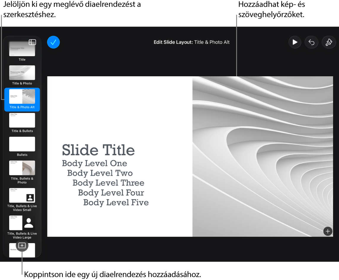 A diavásznon egy diaelrendezés látható, a dianavigátor alsó részén pedig a Diaelrendezés hozzáadása gomb.