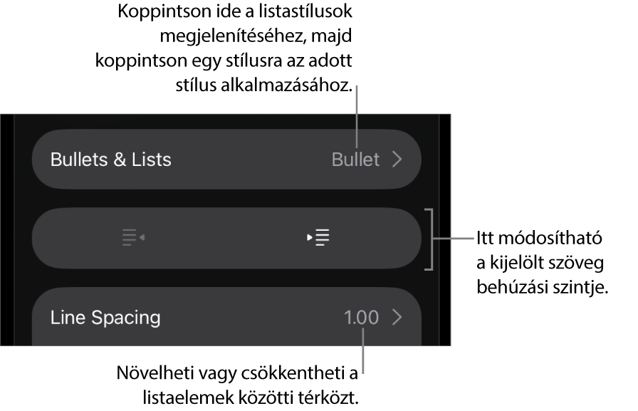 A Formátum vezérlők Felsorolások és listák része, a Felsorolásokat és a listákat, a kihúzás és a behúzás gombokat, valamint a sor térköz vezérlőket jelölő feliratokkal.