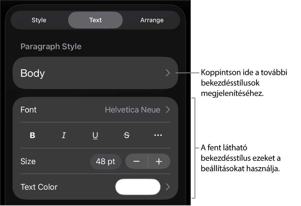 A Formátum menü a bekezdés és a karakterek stílusának, betűtípusának, méretének és színének beállítására szolgáló vezérlőkkel.
