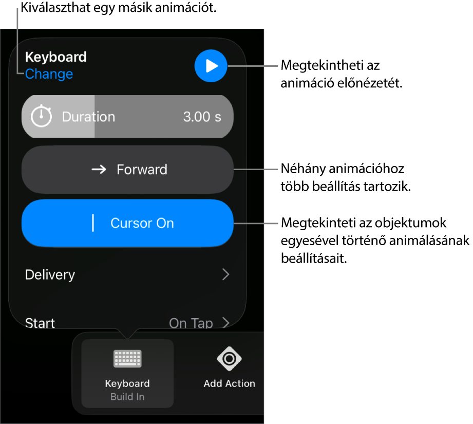 Az Animációra vonatkozóan megadhatja az időtartam, a végrehajtás és az indítás időzítésének beállításait. Ha másik animációt szeretne választani koppintson a Módosítás lehetőségre, vagy az Előnézet lehetőségre koppintva megtekintheti az animáció előnézetét.